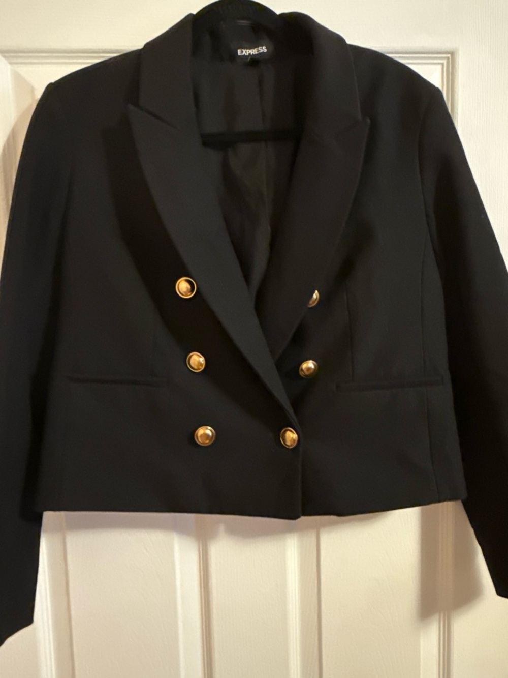 Express Black Double-Breasted Cropped Blazer with Gold Buttons